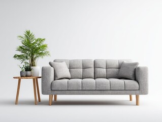 Modern gray couch, potted plants, simple decor