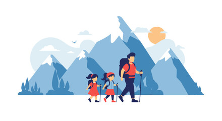 Fototapeta premium Family Adventure: Hiking through Majestic Mountains with Joyful Exploration and Breathtaking Scenery