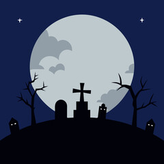 Spooky halloween cemetery scene under a full moon
