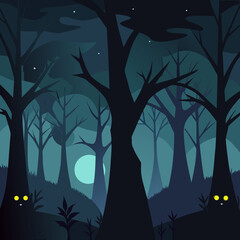 Mysterious forest at night with glowing eyes and a full moon