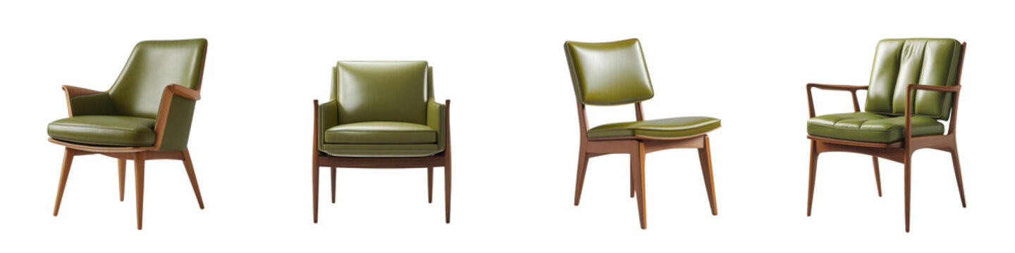 Set of elegant mid century green leather dining chairs with wood finish, isolated on transparent background.