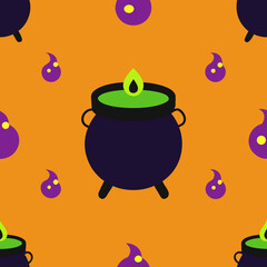 Halloween cauldron and ghost pattern on orange background