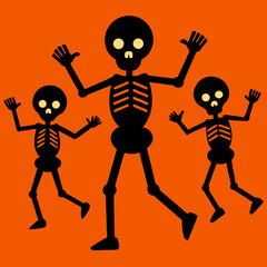 Three silly skeletons dancing on an orange background