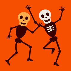 Two happy dancing skeletons celebrating on an orange background