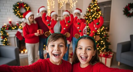 Self photo of large family meeting together with couple of brother sister taking selfie on background of their relatives parents grandparents and christmas tree in lights