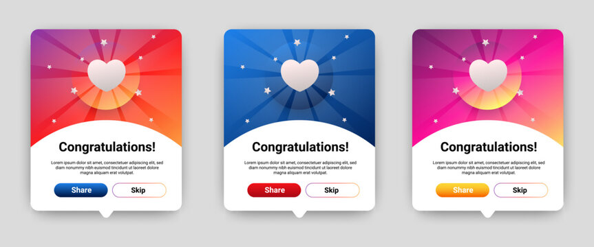 
Congratulations pop up banners set with colorful gradient background. Professional web design, full set of elements. User-friendly design materials. vector