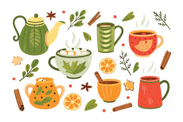 Cozy Beverages: A delightful assortment of steaming teacups, a charming teapot, and various seasonal elements come together in a cozy, warm setting.