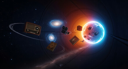 Retro objects float amidst a vibrant cosmic portal, swirling in a nebula.