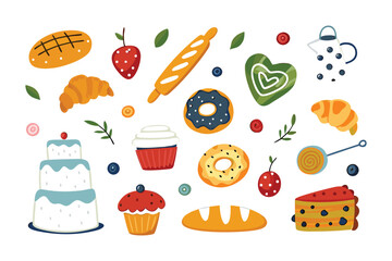 Bakery Delights: A delightful assortment of baked goods, including cakes, pastries, and bread, presented with a playful and whimsical touch, perfect for any culinary project.