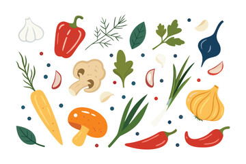 Culinary Symphony of Vegetables: A vibrant, photorealistic illustration of assorted vegetables and herbs. A colourful medley of fresh ingredients for culinary art.