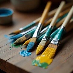 Fototapeta premium A vertical close-up of paintbrushes of various sizes neatly arranged on a wooden workbench. The brushes are slightly coated with fresh paint in vibrant colors like blue, yellow, and green, glistening