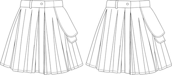 Pleated asymmetrical skirt with layered pockets, fashion flat sketch, technical drawing for apparel, stylish and trendy womenswear design, detailed vector illustration.
