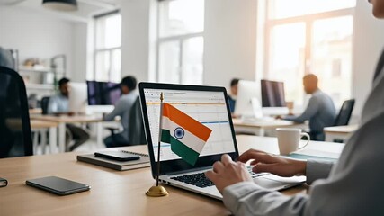 A person working on a laptop with a small Indian flag on the desk in a modern office - Powered by Adobe