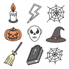 Halloween Vector Illustration Set with Pumpkin Skull Candle Witch Hat and Spiderweb in Cartoon Style