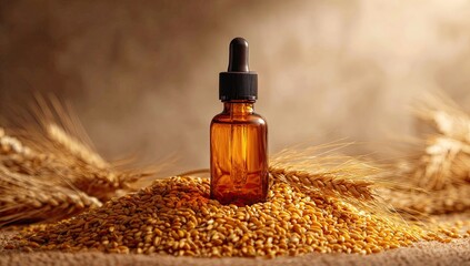 Fototapeta premium Amber dropper bottle of oil sits atop a pile of wheat kernels, surrounded by wheat stalks. Soft lighting and muted tones