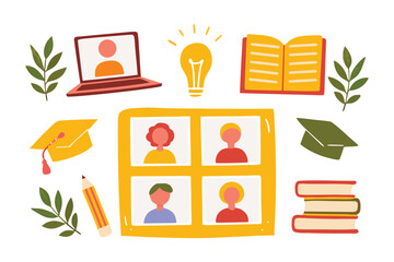 Digital Education and Learning: A vibrant illustration captures the essence of online education, featuring laptop, books, lightbulb, representing modern learning, and interaction