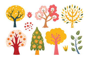 Artistic Arboretum: A charming illustration of diverse trees, featuring an array of unique shapes, colors, and floral elements, perfect for adding a touch of natural whimsy to your design.