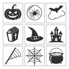 Obraz premium Illustration Vector Icon Set with Pumpkin Spider Bat Coffin Witch Hat and Halloween Theme Elements in Simple Style