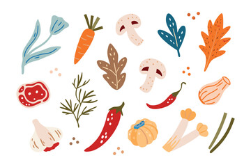Food Elements: A vibrant collection of meticulously illustrated food elements, perfect for culinary-themed projects. These diverse items range from fresh produce and herbs.