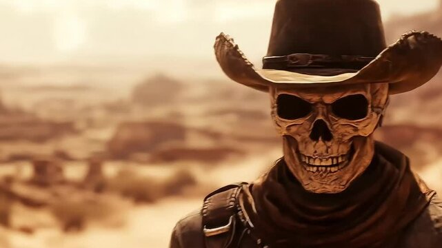A skeletal cowboy stands in a desolate desert landscape, evoking themes of the Wild West