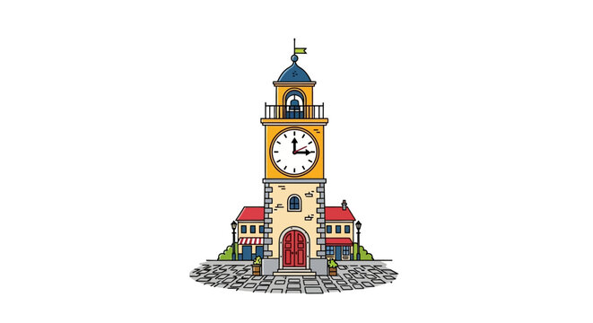 Charming town square featuring a classic clock tower, red-roofed buildings, and cobblestone street, conveying architectural allure and timeless