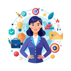 Confident Woman Boss Surrounded by Creative Business Icons in Modern Vector Style – Perfect for Leadership, Innovation, and Entrepreneurship Concepts