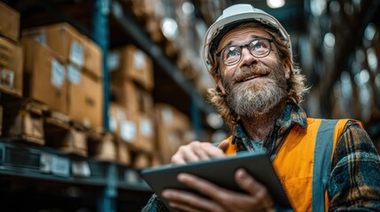 A warehouse worker with a beard and glasses uses a digital tablet, smiling and looking upward.