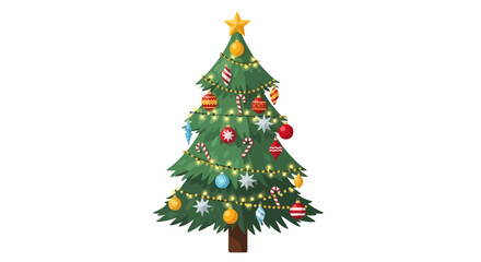 Obraz premium Festive spruce illustration adorned with colorful ornaments and twinkle lights offering a cheerful seasonal ambiance