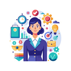 Confident Woman Boss Surrounded by Creative Business Icons in Modern Vector Style – Perfect for Leadership, Innovation, and Entrepreneurship Concepts
