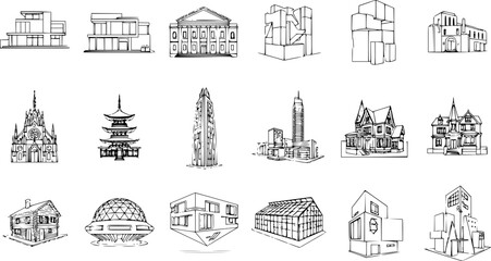 A set of architectural line drawings depicting various building designs, showcasing different styles and structures