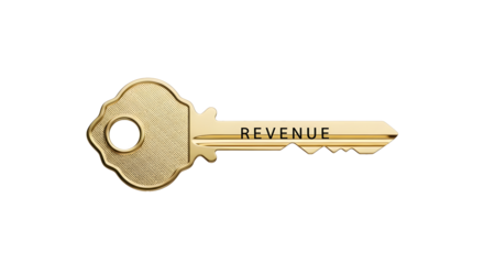 Gold key for new opportunity. Revenue key on transparent background. Business success and profit growth concept. Investment idea.