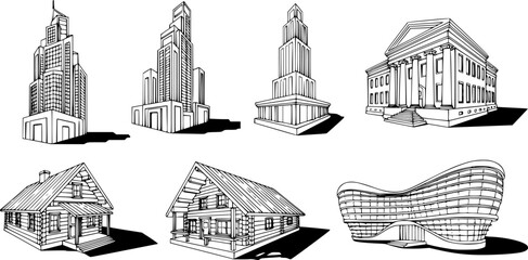 A set of architectural line drawings depicting various building designs, showcasing different styles and structures