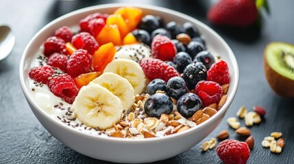 A bowl of yogurt with fresh fruits, including bananas, strawberries, blueberries, raspberries, and kiwi, topped with granola and almonds.