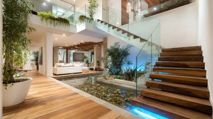 Elegant home with wood floors, staircases, glass, plants, and water feature