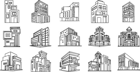 A set of architectural line drawings depicting various building designs, showcasing different styles and structures