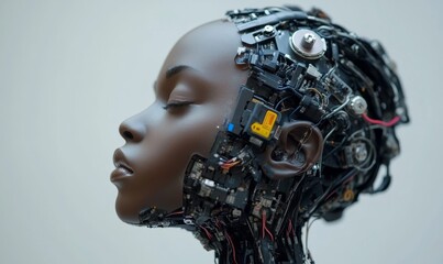 Black female AI robot, humanized in appearance to represent the convergence of artificial intelligence and human-like technology, Generative AI