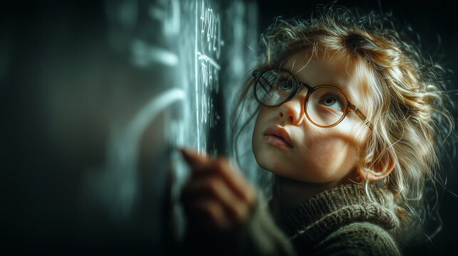 Curious young girl with glasses writing math equations on chalkboard in classroom