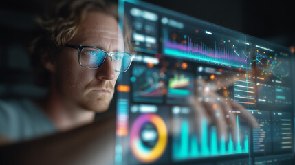 Focused data analyst working with futuristic digital dashboard displaying analytics and data visualizations