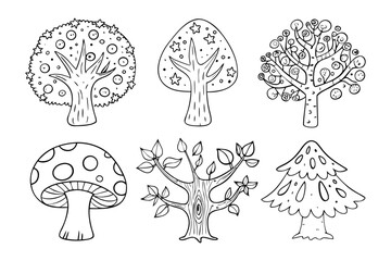 Whimsical Tree Designs: A collection of creative tree illustrations showcasing diverse shapes and styles, perfect for adding a touch of imagination to any project.