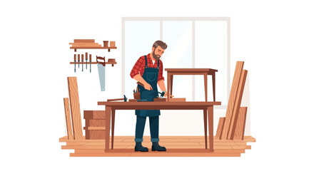Dedicated craftsman working on woodworking project inside workshop filled with tools and lumber displaying meticulous craftsmanship