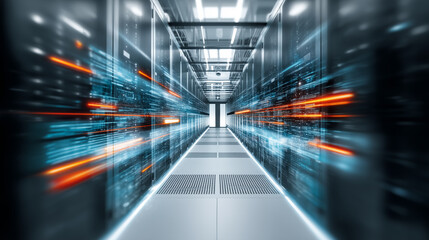 Futuristic data center with glowing digital streams and high-speed information transfer