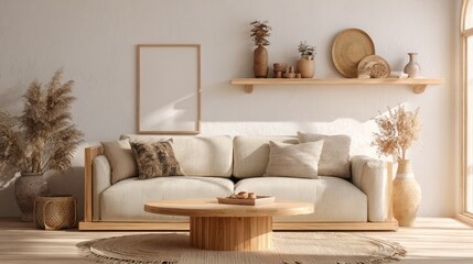 Cozy sunlit living room with a neutral palette, rustic details, and natural elements