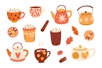 Cozy beverage ensemble: An array of warm and inviting coffee cups and teapots, along with cinnamon sticks, and orange slices, conjuring images of comfort. 