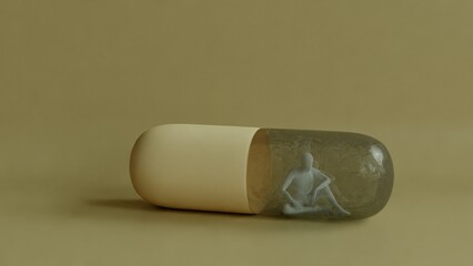 Conceptual 3D rendering of a human figure trapped inside a transparent capsule pill, symbolizing dependence or confinement, set against a minimalistic gray background.