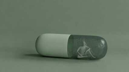 Conceptual 3D rendering of a human figure trapped inside a transparent capsule pill, symbolizing dependence or confinement, set against a minimalistic gray background.