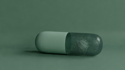 Conceptual 3D illustration of a large capsule pill encasing a virus-like structure, symbolizing medical treatment, disease containment, or pharmaceutical response.