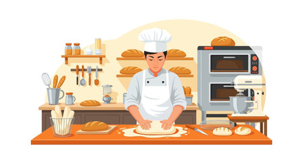 Dedicated baker diligently kneads dough in a vibrant kitchen setting surrounded by baking equipment and freshly baked bread