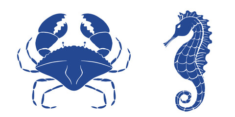 Sea animals collection with crab and seahorse. Vector hand drawn in silhouette illustration in Mediterranean blue ink style for packaging design, cards, stickers, print isolated on white