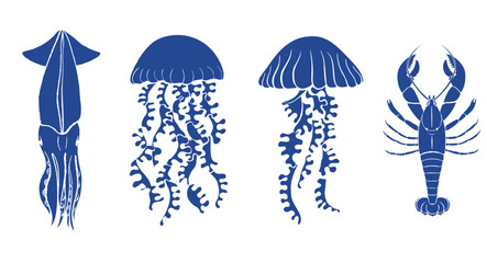 Sea animals collection with squad, jellyfish and lobster. Vector hand drawn in silhouette illustration in Mediterranean blue ink style for packaging design, cards, stickers, print isolated on white