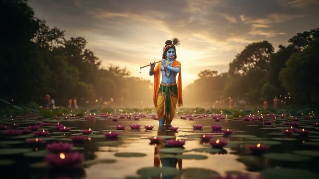 Serene Krishna Plays Flute Amidst Floating Lotuses and Candles at Sunset